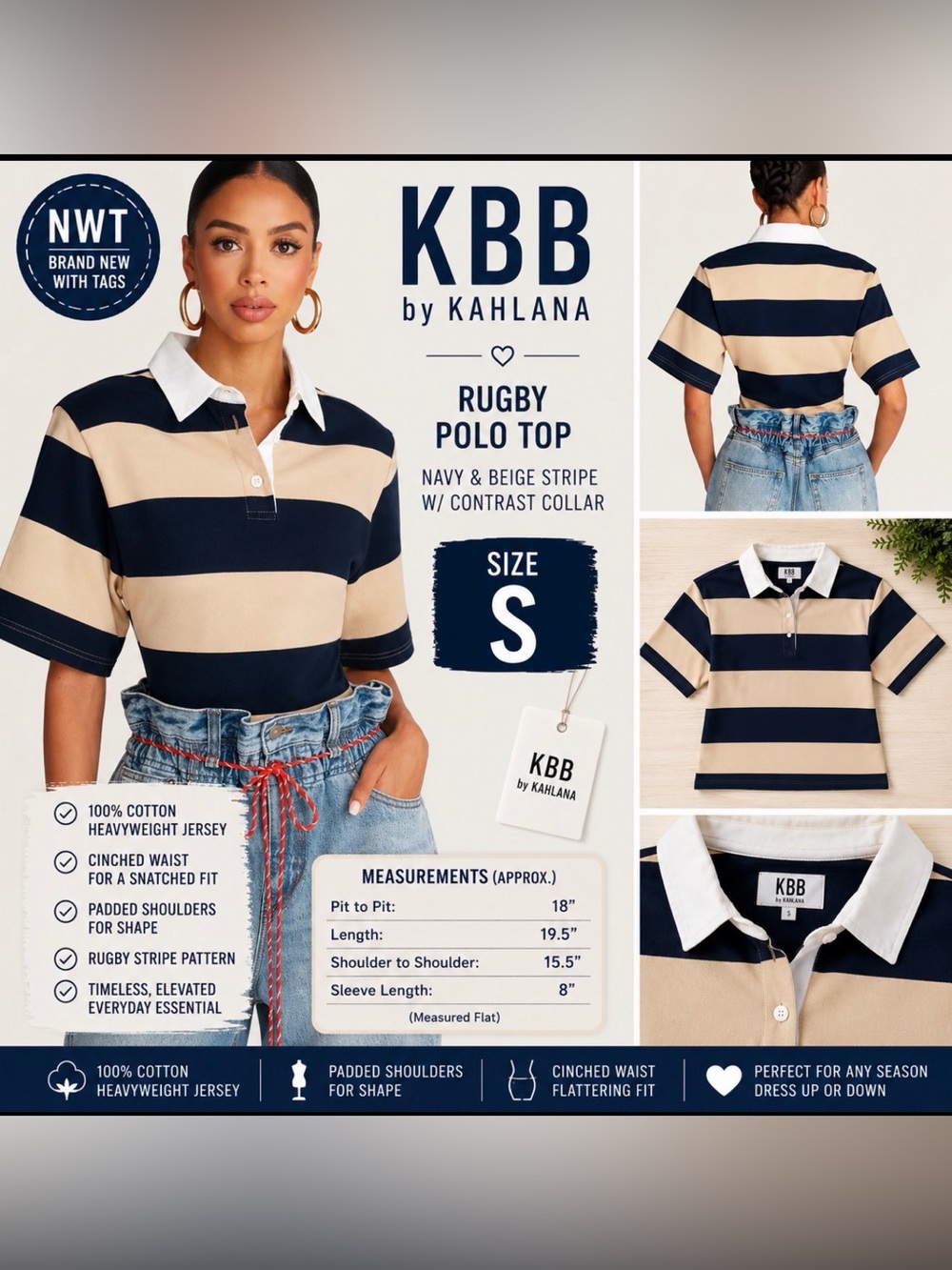 NWT KBB by KAHLANA Rugby Stripe Polo Top | Women’s Small | Navy & Beige
